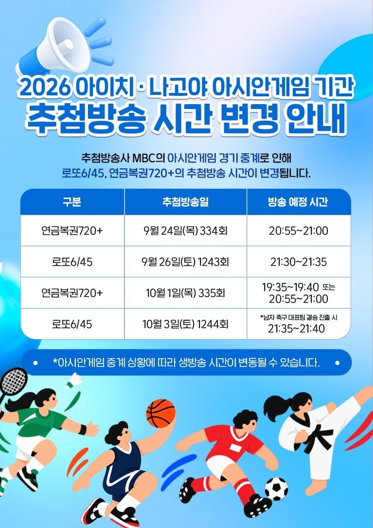 동행복권, 아시안게임 중계에 추첨 시간 변경