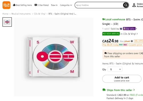 BTS '스윔' CD, 테무서 불법 유통